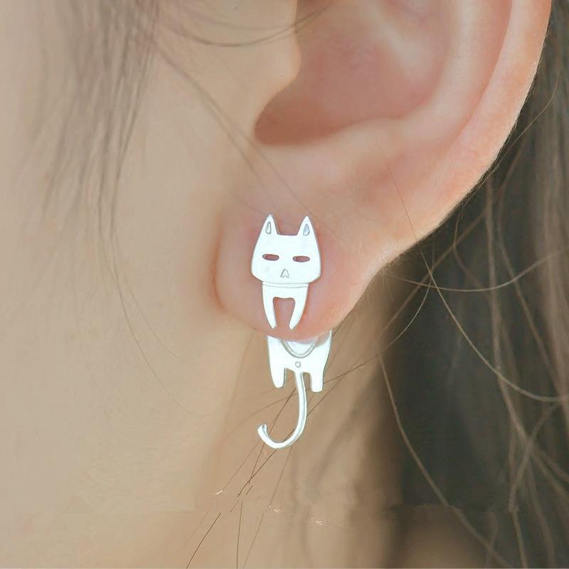 Asymmetric Two Piece Hanging Cat & Tiny Fish Shape Silver Stud Earrings Minimalist Cartoon Animal Ladies Casual Accessories