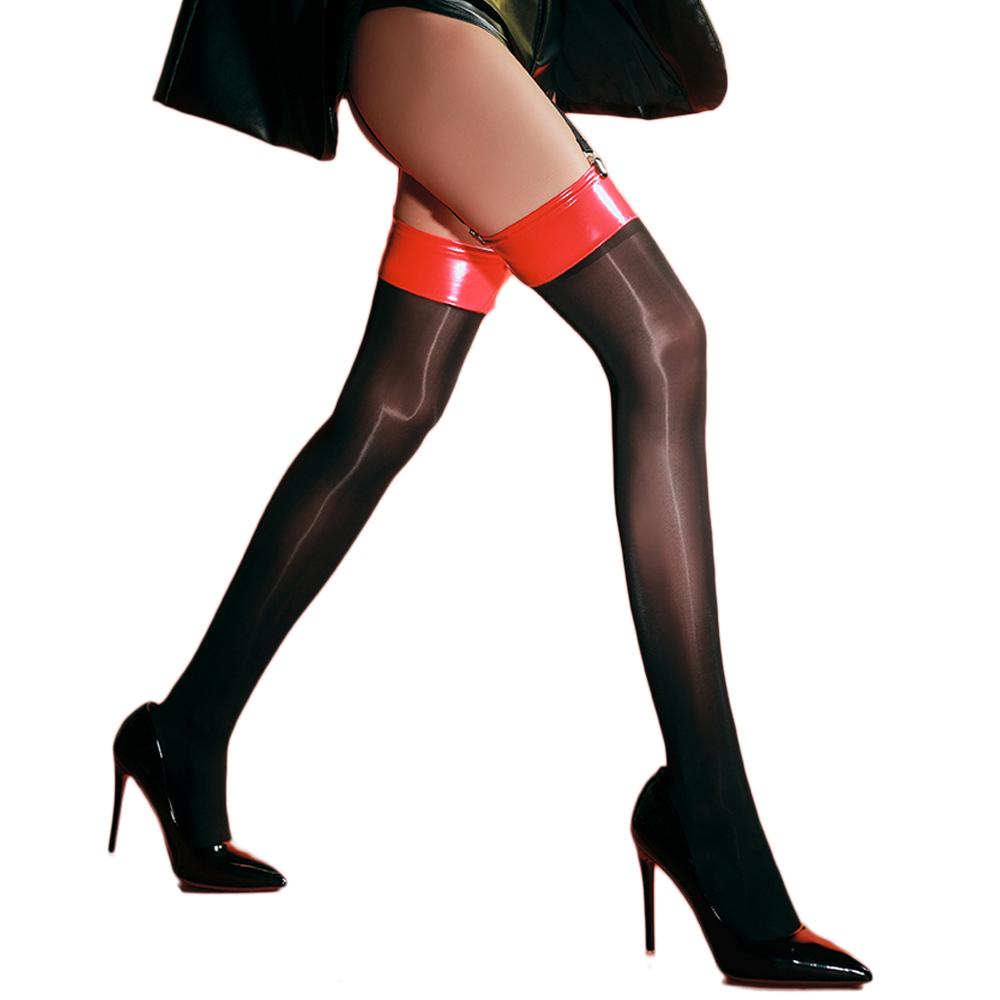 Sexy Women PU Patchwork Oil Glossy Shiny High Stockings Vintage Tights Shaping Elastic Stockings Overknee Faux Leather