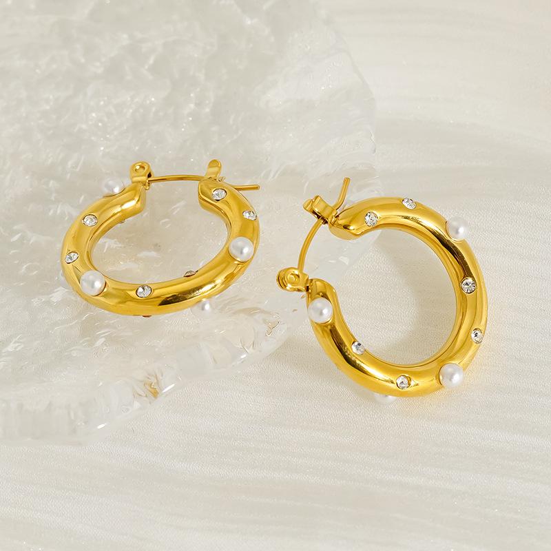 European American Style Stainless Steel Hoop Earrings Natural Stone Inlaid Pearl Zircon Women's Jewelry