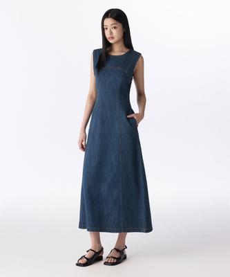 Woman Women'S Paneled Denim Maxi Dress [Medium Indigo]