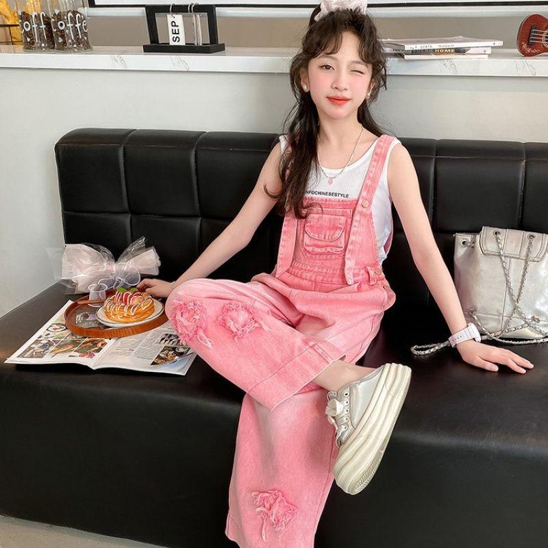 Kids Girls Denim Overalls Casual Wide Leg Star Embroidered Jumpsuit For Children