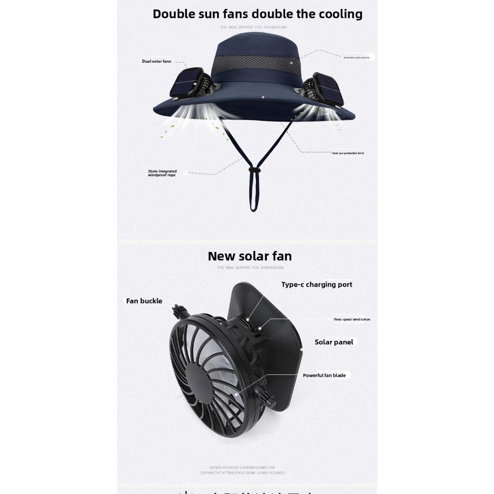 Men Solar Powered Dual Fan Hat, Summer Outdoor Mountaineering Fishing Sun Hat, Wide Brim Breathable UV Protection Fisherman Cap