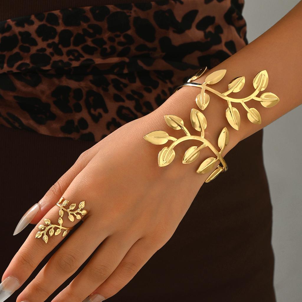 Vintage Exaggerated Leaf Bracelet Spiral Opening Adjustable Ring Set For Women Gold Color Metal Zircon Bangle Party Jewelry Gift