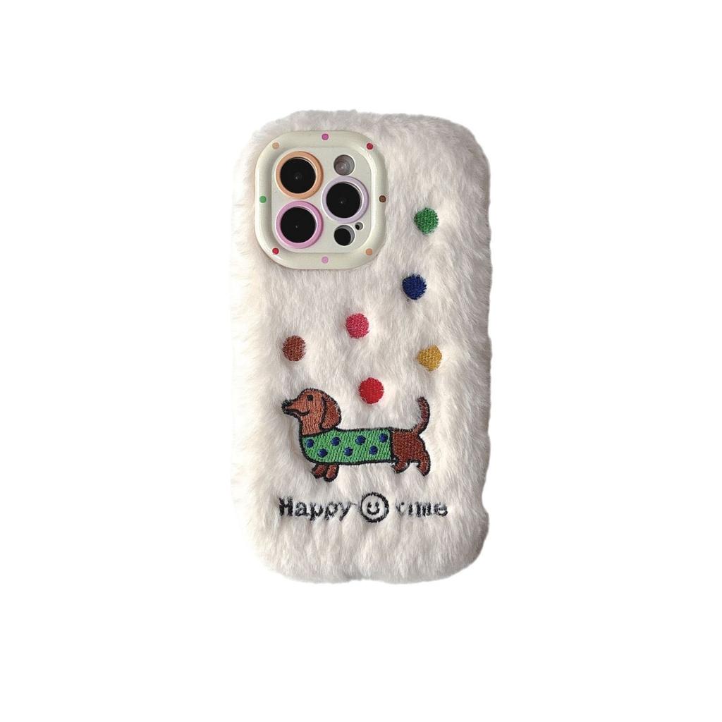 Autumn and Winter Plush Dachshund Mobile Phone Case for Apple 16PROMAX Trend 15 Fine Hole 13 Lens Holder 11