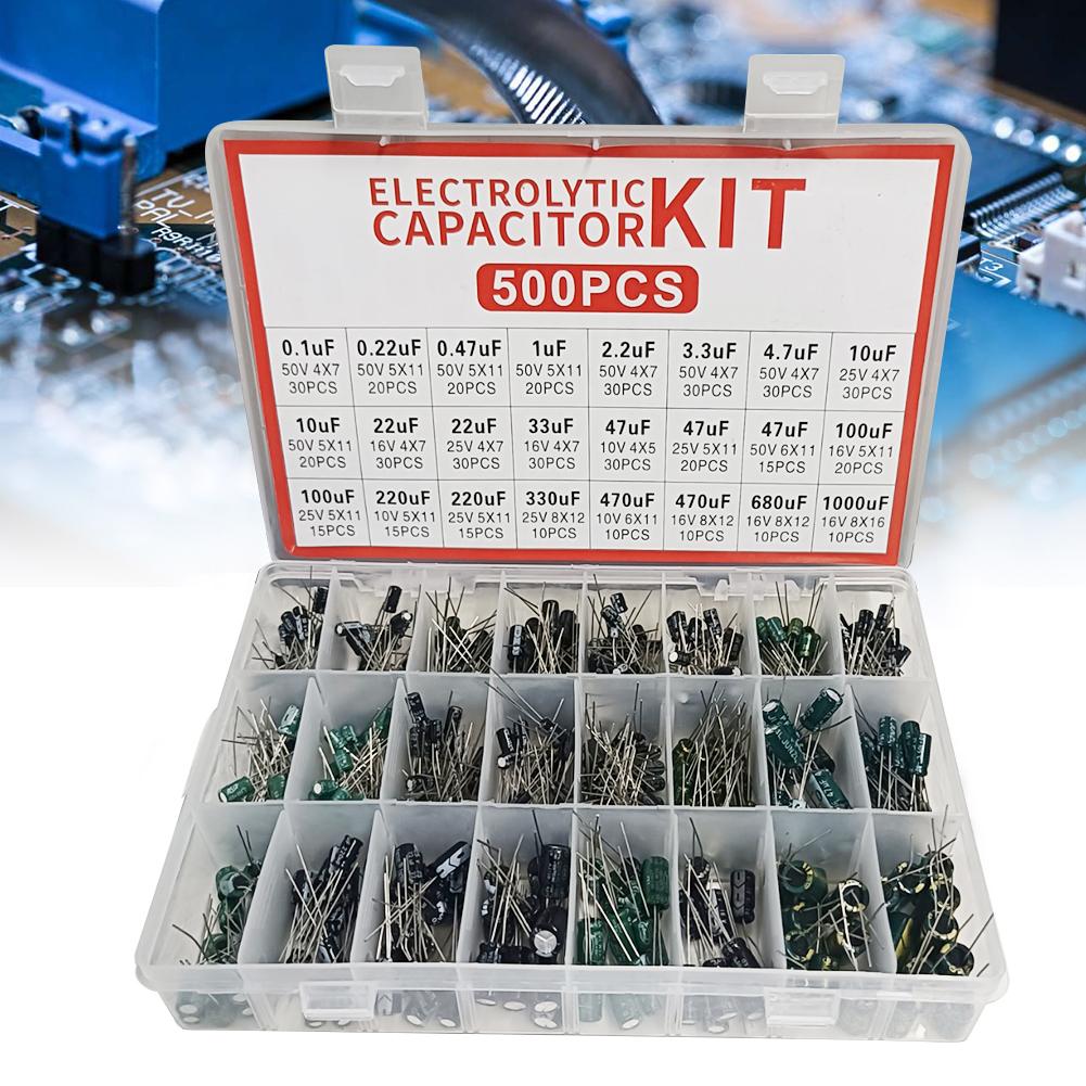 500Pcs 24 Values 16-50V 0.1-1000uF Electrolytic Capacitor Assortment Kit Metal Electrolytic Capacitors Low Voltage Capacitor Kit