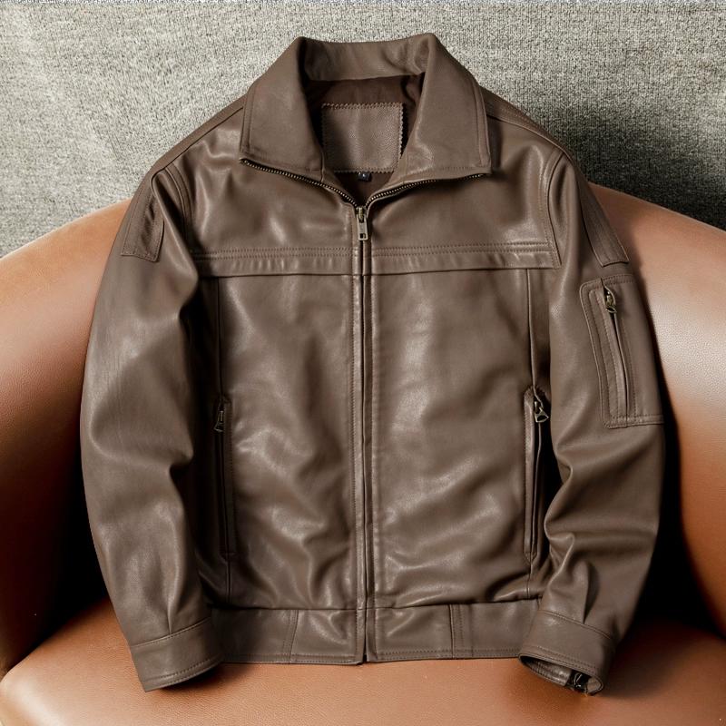Men Genuine Goatskin Leather Jacket Short Bomber Flight Jacket Large Size Spring Autumn Coat
