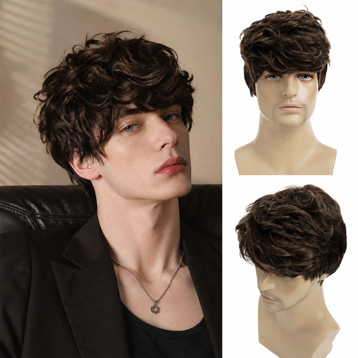Men’s Brown Textured Short Synthetic Wig High-Temperature Resistant Daily Party Wear Hairpiece 4inch
