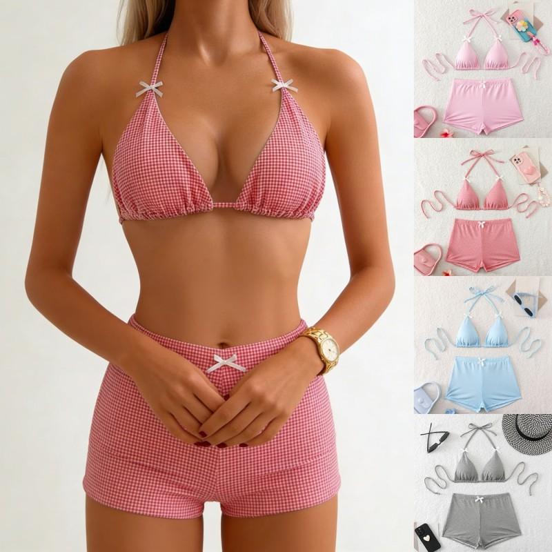 Bikini Boxer de Espalda Descubierta Deseo Puro Traje de Baño con Lazo Dividido Estampado Pequeño Fresco