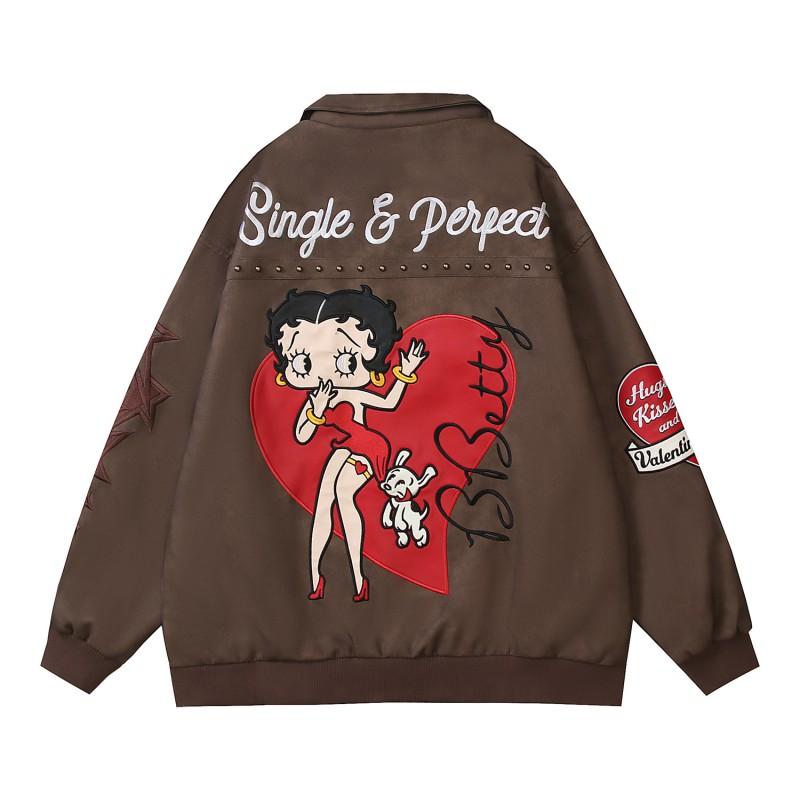 American Vintage Cartoon Embroidered Rivet Jacket Loose Fit Casual Couple Outerwear Men Women