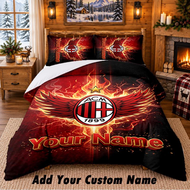 AC Milan Pattern Bedding 3Pcs Set Custom Name, Bed Sheet And Pillowcases For Home Bedroom