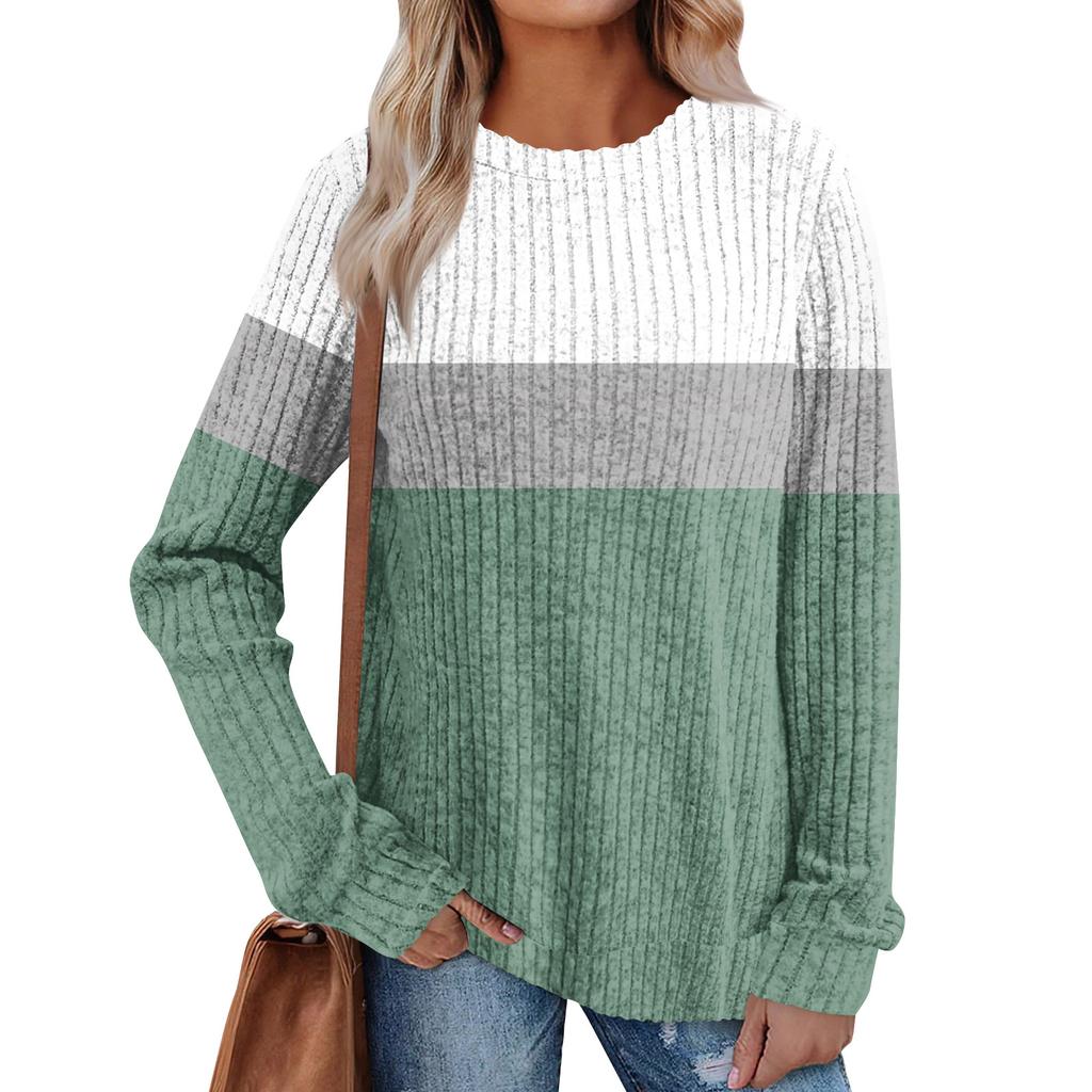 Women's Winter Color-Block Printed Lightweight Brushed-Cotton Round Neck Top