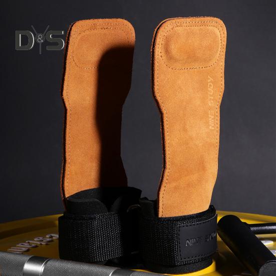 1 Pair Weight Lifting Wrist Strap Double Layer Cowhide Weightlifting Gym Gloves with Palm Pad Elastic Deadlifting Grip