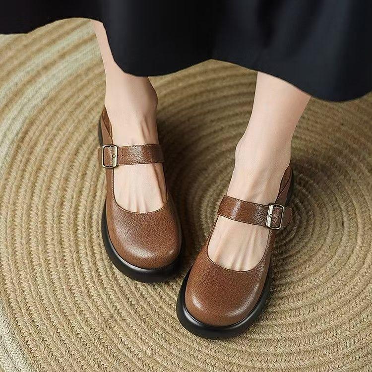 

Весна и лето 2025 новая мягкая кожа толстая подошва черные легкие туфли Мэри Джейн женские толстый каблук подошва-маффин круглый носок мягкая кожа си 40 темно-коричневого