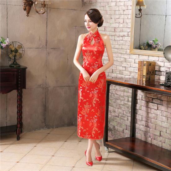Ženy Léto Cheongsam Stojánek s límečkem Potisk na rameni Dělený lem bez zad s vyhloubeným lemem Bez rukávů Qipao Slim Fit Retro společenské šaty v čínském stylu