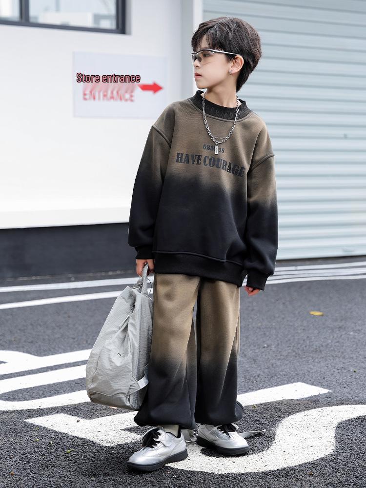 

Модный ретро детский флисовый свитшот и брюки - Теплый осенне-зимний двухпредметный комплект для мальчиков 170 cm чёрный