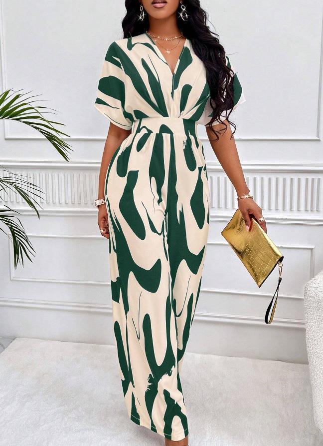 European & American Women's Full Print Batwing Sleeve Wide Leg Jumpsuit - Fashionable & Versatile