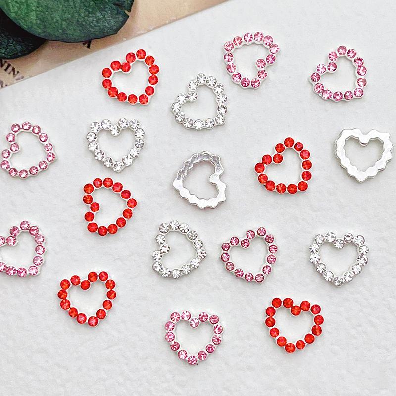 2Pcs 3D Loving Heart Shaped Nail Art Rhinestone Gems Charms Luxury Diamond Alloy Glitter Hearts Jewelry Nail Supplies Accessory