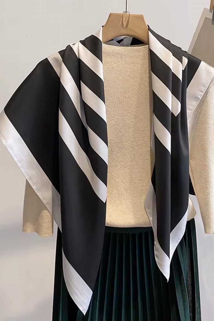 Women' Scarf Black and White 90X90 - Minimalist, Geometric, Silky To the Touch