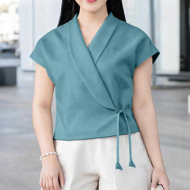 

ZANZEA Женская летняя блузка с V-образным вырезом, коротким рукавом, повседневная, на шнуровке 5XL синий