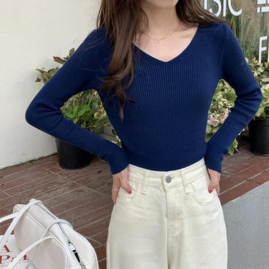 Dámský pletený pulovr s výstřihem do V slim fit: Trendy, s dlouhým rukávem, teplé na podzim a zimu