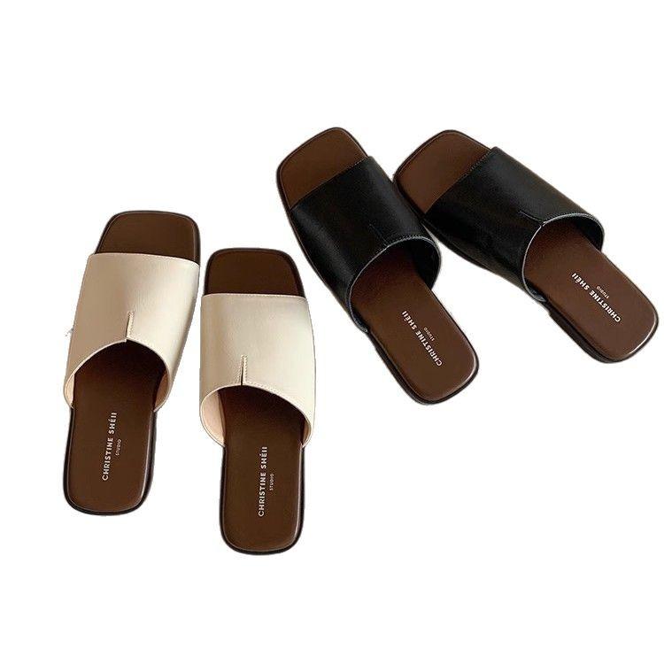 Su Yinyin has the same French square head flat bottom cool slippers for women's casual versatile soft leather with slippers for women's outer wear su