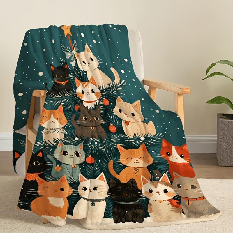 Cute Cat Christmas Tree Throw Blanket Soft Flannel Warm Blanket Xmas Kitten Snow Print Sofa Bed Holiday Home Decor Gift