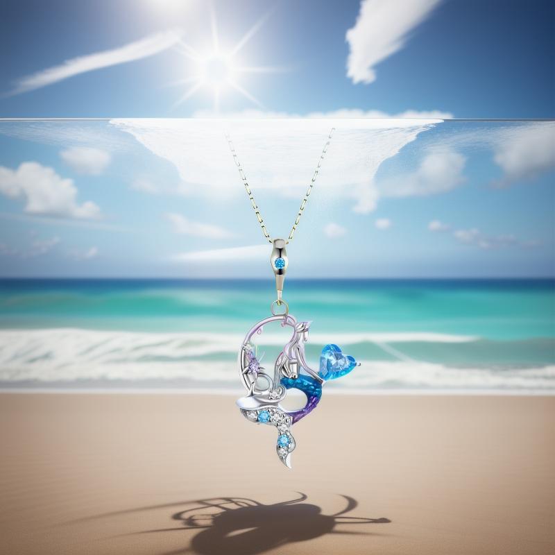 WOSTU 925 Sterling Zilver Zeemeermin Prinses Hanger Ketting met Blauwe Oceaan Zirconia Nekkettingen voor Vrouwen Vakantie Sieraden Cadeau