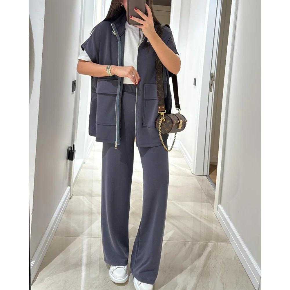 New Women's Autumn and Summer Solid-color Casual Loose Pocket Sweatshirt Straight-leg Pants Set