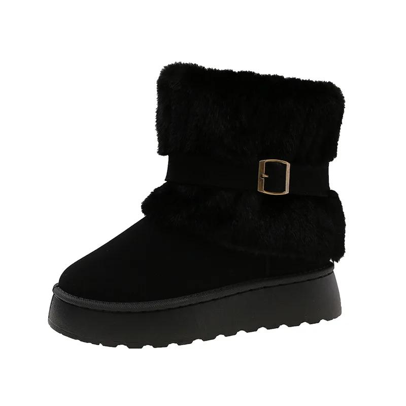 Winter Thick Sole Tubular Short Fur Snow Boots Women Mid-Calf Spliced 43 Size Boots Korean Style round Toe Rubber Outsole