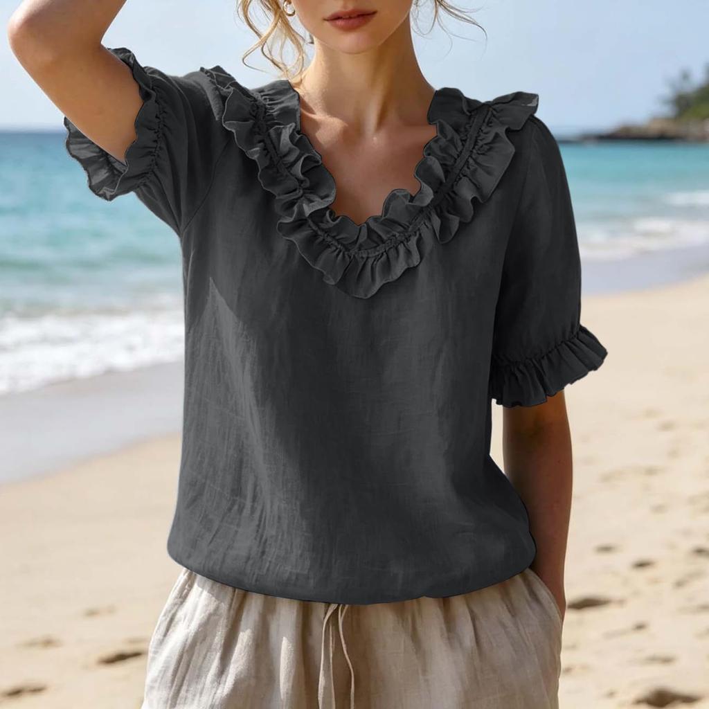 Women's Casual Short Sleeve V-Neck Ruffled Blouse Pullover Top - Fashion Summer Tee for , Date, or Daily Wear