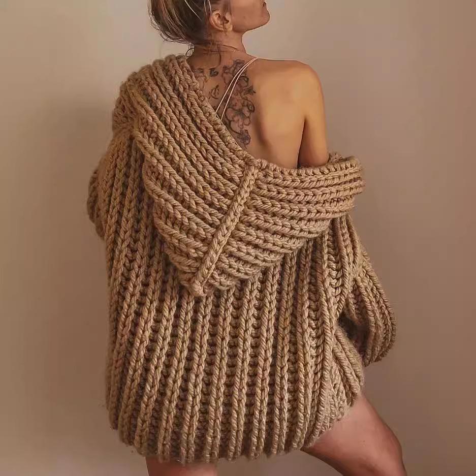 European-American Autumn/Winter Women's Hooded Chunky Knit Sleeveless Cardigan Sweater Vest