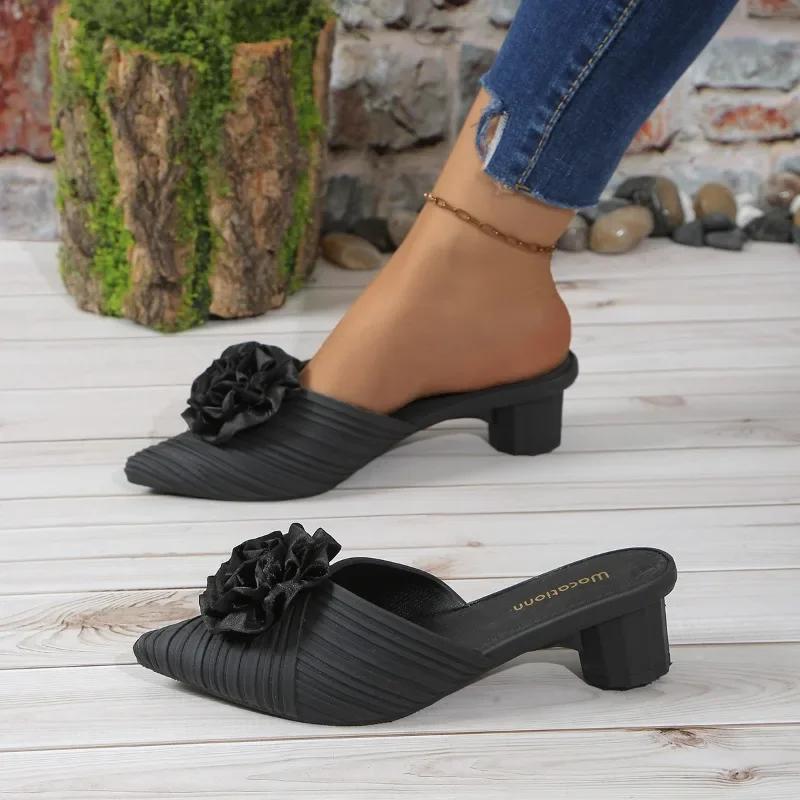 Fashion Shoes Female 2024 High Quality Closed Toe Women's Slippers Fashion Floral Dress Slippers Women New Shallow High Heels Zapatos