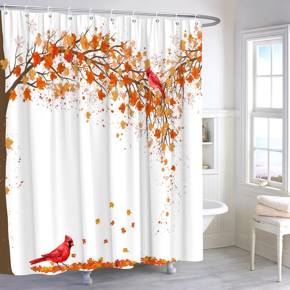 Autumn Watercolour Leaves Pumpkin Shower Curtain Maple Leaves Thanksgiving Gift Polyester Printed Shower Curtains Bathroom Decor