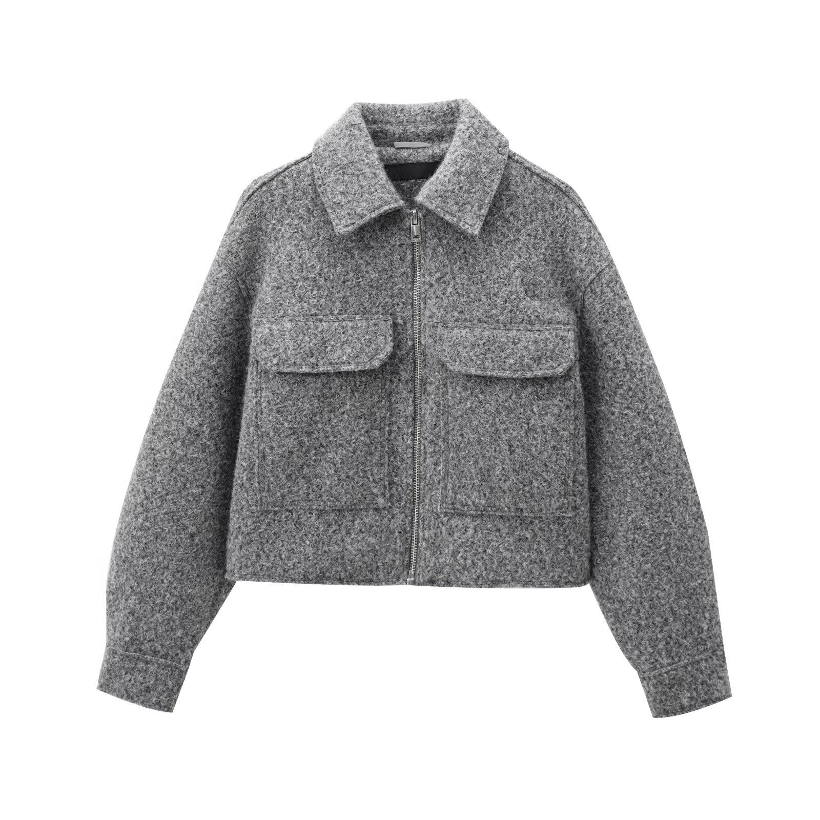 

Autumn new women s clothing, European and American French design beaded leather tweed short jacket XS сірий колір