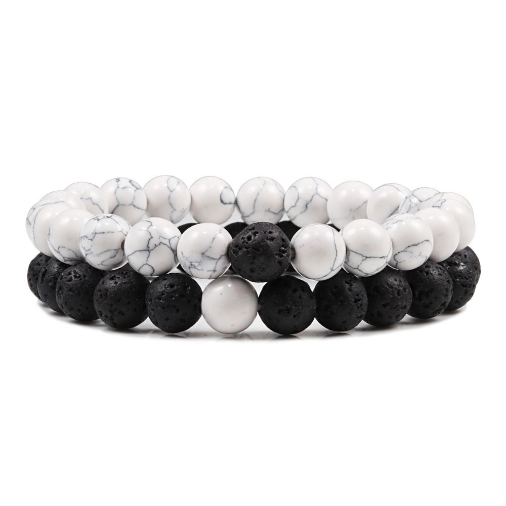 Hot 2pcs/Set Couples Distance Braid Bracelets Natural Stone White And Black Ying Yang Beads Bracelet Best Friend Strand Jewelry