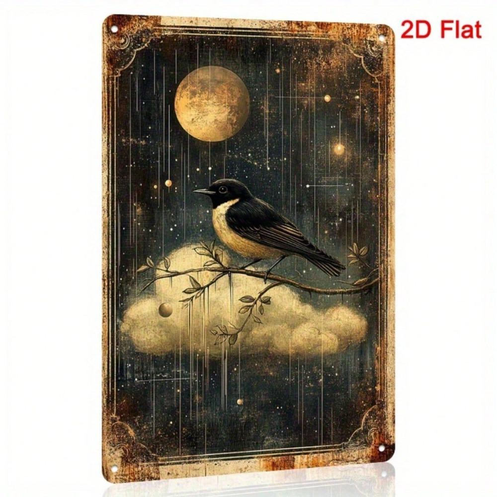 Vintage Moon & Stars Metal Wall Art, 8x12, Retro Celestial Bird Iron Sign for Living Room Office