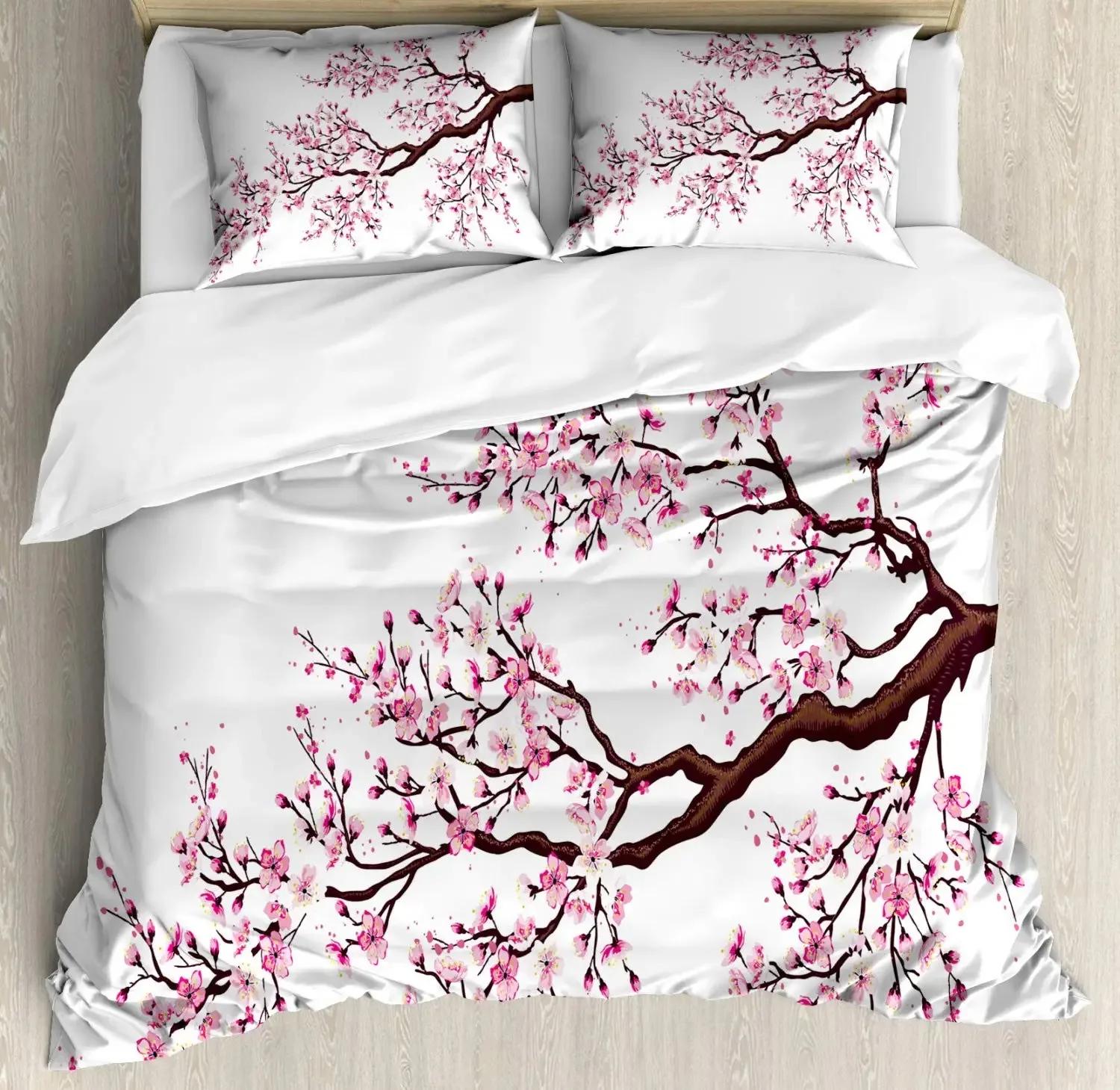 Japanese Duvet Cover Set,Branch of A Flourishing Sakura Tree Flower Cherry Blossoms Spring Theme Art Japan Bedding Set Full Size EU Single 135x200cm