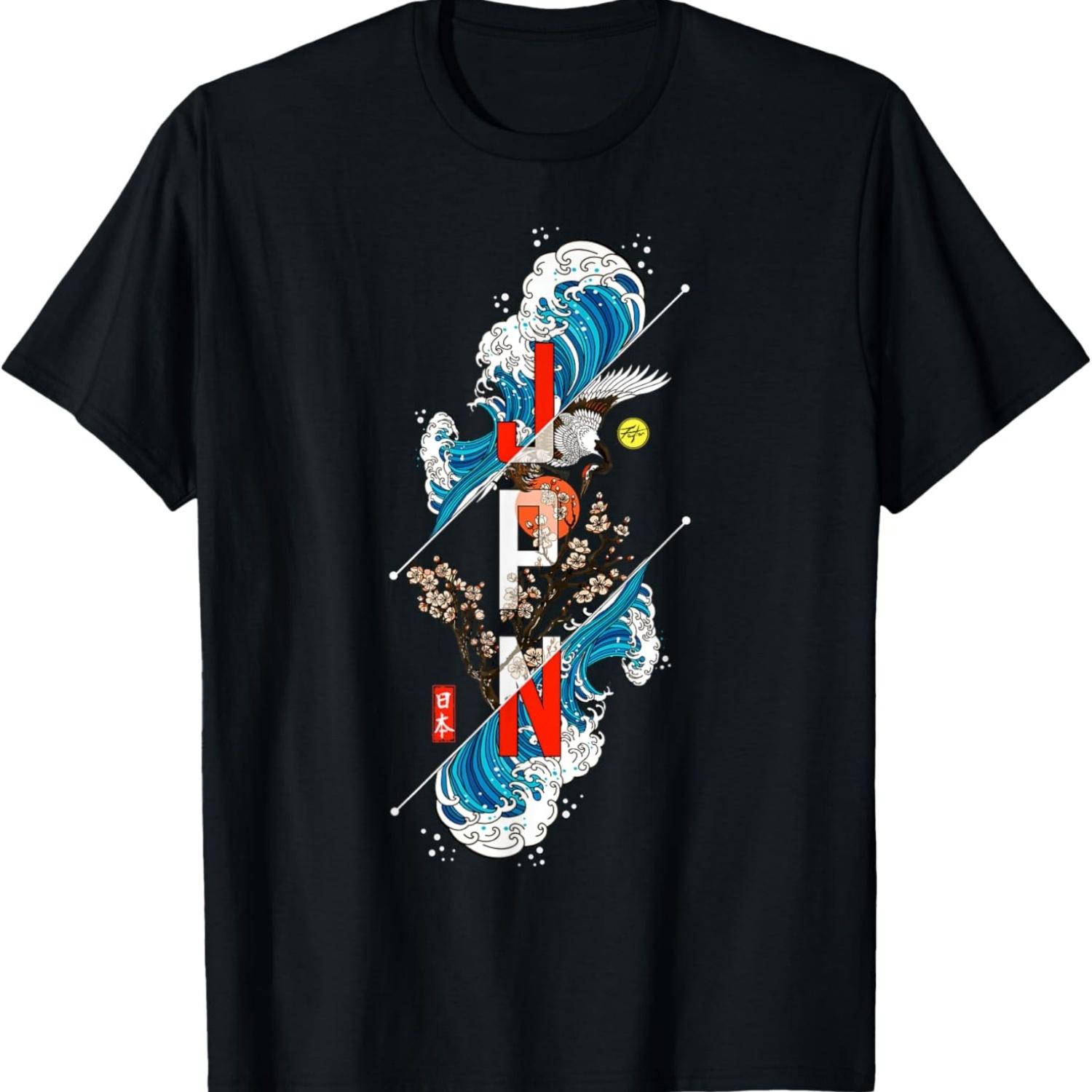 japanese cherry blossom hokusai in 90 s retro harajuku style T-Shirt S чёрный