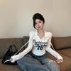 Letter-printed Semi-cardigan Button-down Long-sleeved Hooded T-shirt Women's Autumn Slim-fitting and Thin Bottom Drawstring Short Top