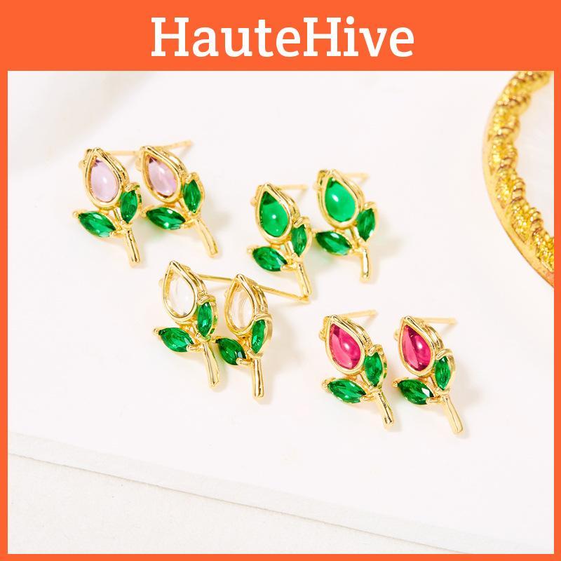 Romantic Tulip Flower Stud Earrings For Women Copper Glass Spring Jewelry