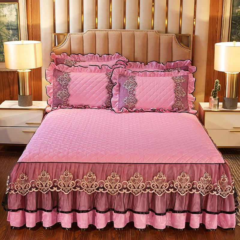 European Style Bed Skirt Lace Velvet Quilted Bedspread Autumn and Winter Thick Warm Fitted Sheet