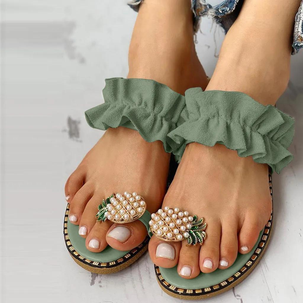 Fashion Women Slipper Pineapple Pearl Flat Toe Bohemian Summer Beach Sandals Ladies Shoes plus size