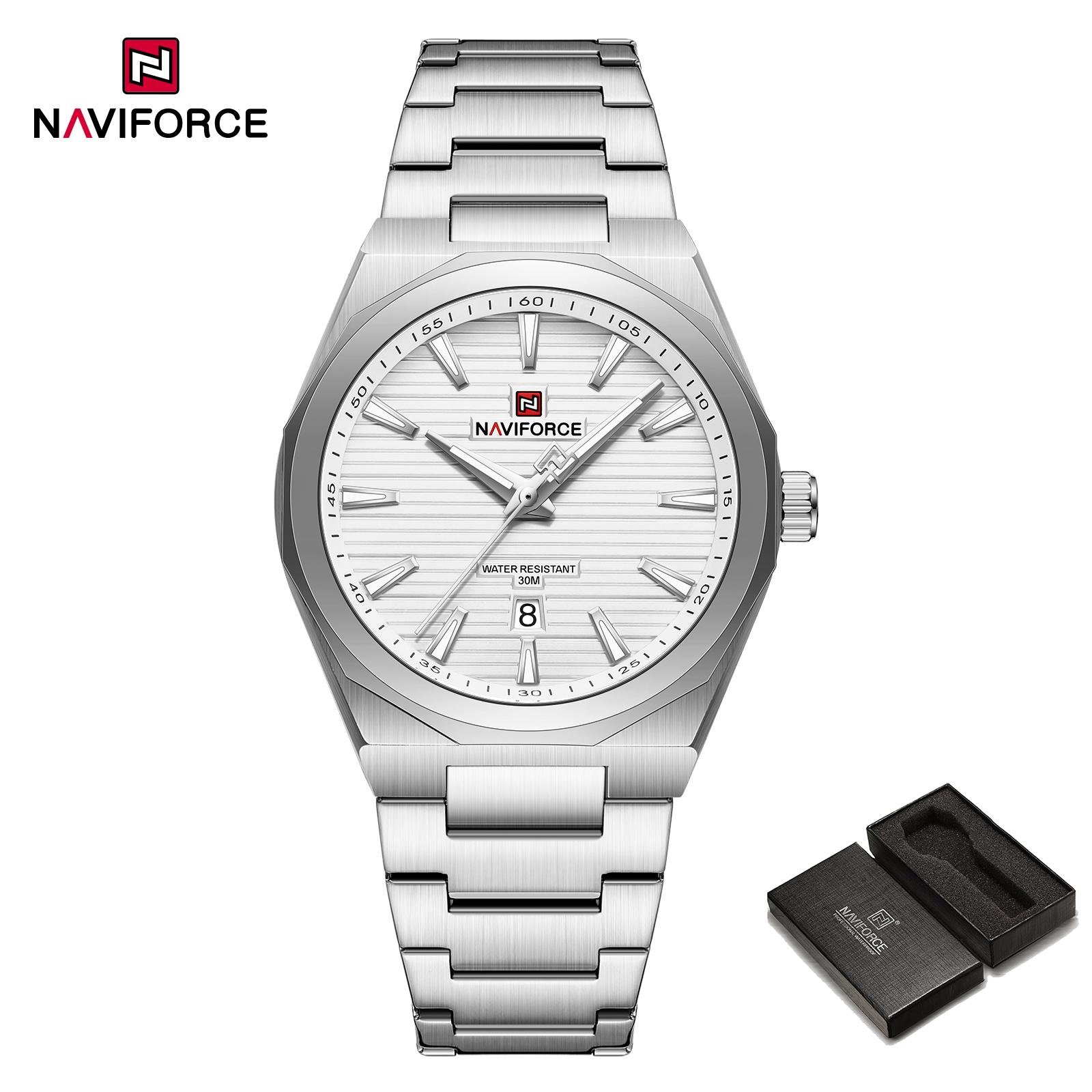 

Naviforce Оригинальные мужские часы Простой циферблат Водонепроницаемость 30 м Календарь Ремешок из нержавеющей стали Светящиеся стрелки Мужские Модные Повседневные часы NF9274 серебряный/белый