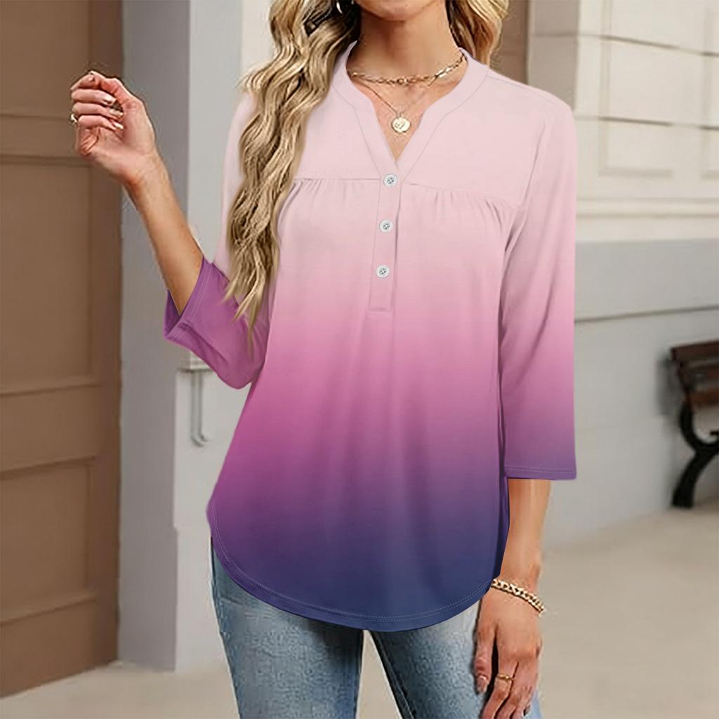 Women's Fashionable Casual Color Block Gradient Print V-Neck Button Three-Quarter Sleeve T-Shirt Top