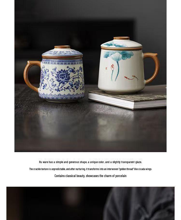 Blue and White Ceramic Office Mug with Tea and Water Separation, Large Capacity.