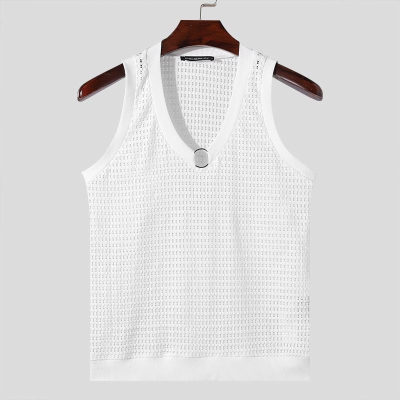 INCERUN Uomo tinta unita scollo a V maglia maglia a rete traforata