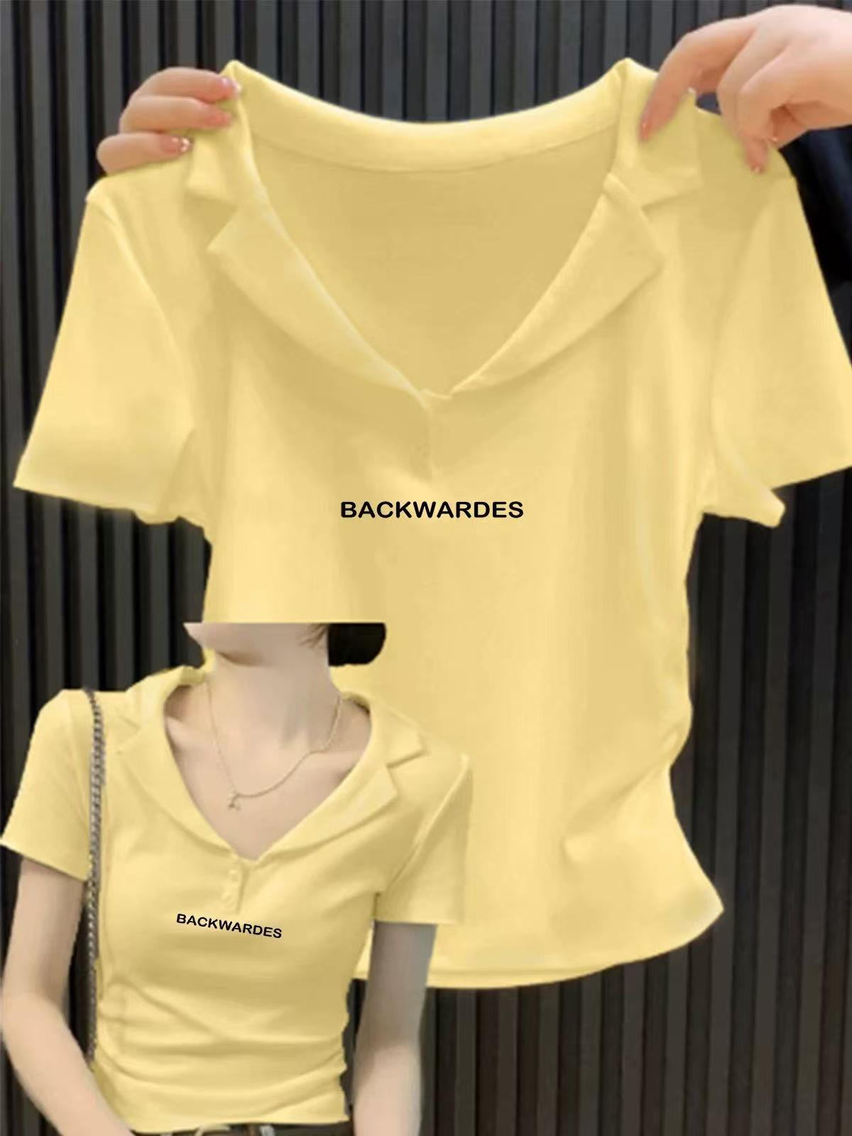 

Women s Summer Polo T-Shirt: Large Neckline, Straight Shoulder, Short-Sleeved, Turn-Down Collar, Cinched Waist, Sweet and Spicy Style. S