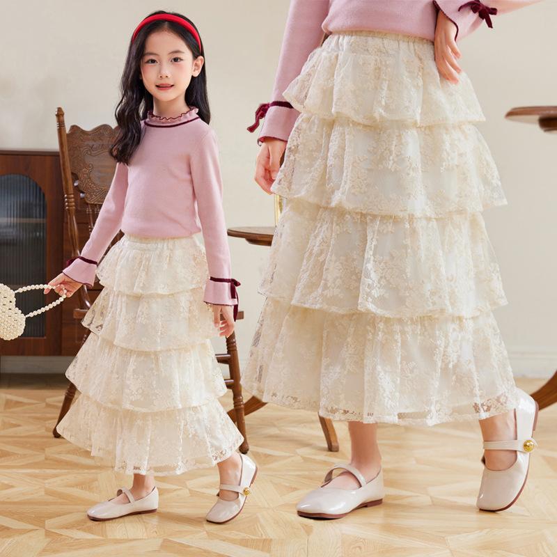 School Teens Girls White Embroidery Skirt Spring/Autumn Lace Flower Hollow-out Skirt Casual Versatile Cotton Skirt for Toddler
