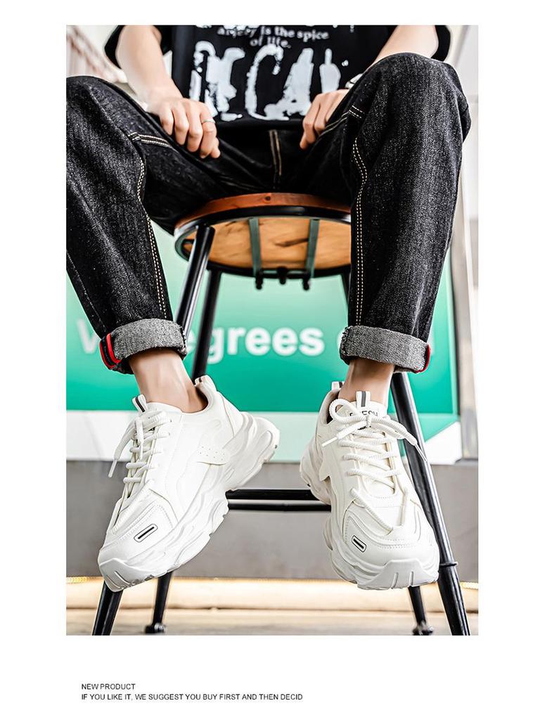 Men's Summer Breathable White Trendy Thick-Soled Sneakers - Casual Dad Shoes.