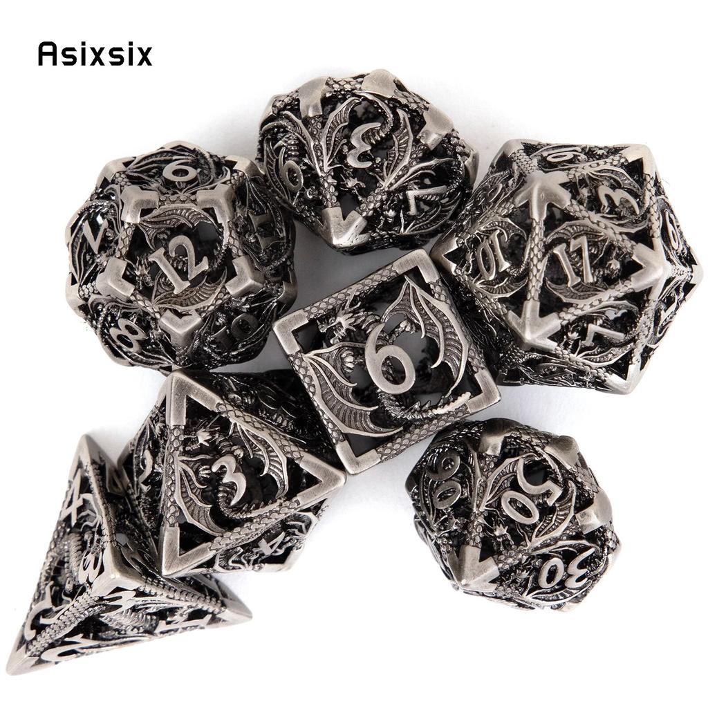 7 ks Silver Dragon Metal Dice Sada dutých kovových mnohostěnných kostek Vhodné pro RPG stolní karetní hru